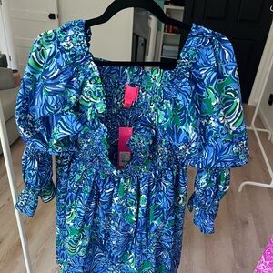 Lilly Pulitzer Blue Green Floral Puff Sleeve Maxi Dress